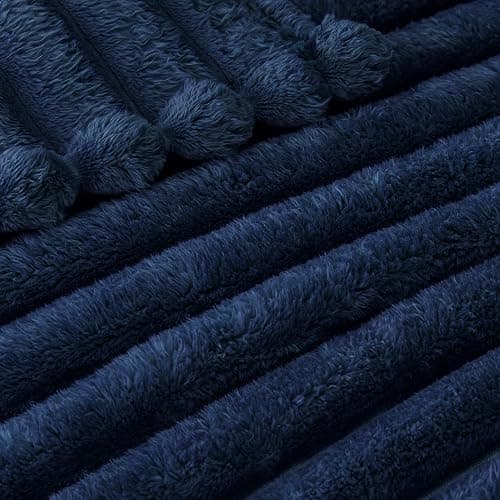 Exclusivo Mezcla Fleece Throw Blanket for Couch, Super Soft Striped Jacquard Bed Blanket, Lightweight Fuzzy Cozy for All Seasons, 50x60 Inches, Navy Blue thumbnail 6