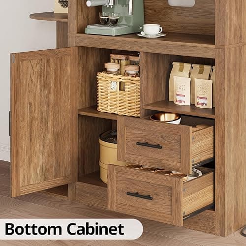 IRONCK 70" Farmhouse Kitchen Pantry, Storage Cabinet with Power Outlets, 4 Side Shelves, Buffet Sideboard with Microwave Stand, Coffee Bar with 2 Drawers, Cupboard for Dining Room (Dark Walnut) thumbnail 6
