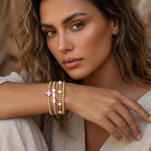 SHINUS BOHO 14K Gold Plated Pearl Beaded Cross Bracelets Stack Set for Women,Stretch Boho Colorful Christian Beads Ball Jewelry Friendship Summer Trendy Gift thumbnail 3