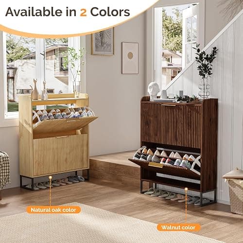 VINGLI Fluted Shoe Cabinet Storage for Entryway,Hidden Shoes Storage Cabinet with 2 Flip Drawers, Mid Century Modern Shoe Rack Organizer,Free Standing Shoes Organizer for Hallway(Dark Walnut) thumbnail 8