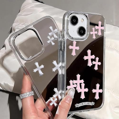 xoniery Compatible with iPhone 15 Cute Glossy Mirror Back Case,Cross Pattern,Senior Shockproof Protection for iPhone 15 Case for Women Girls-Pink thumbnail 4