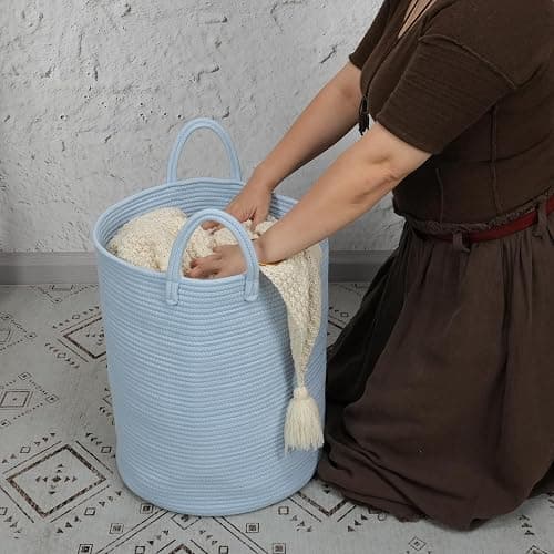 XUANGUO Cotton Rope Laundry Basket Hamper for Clothes Woven Storage Basket for Living Room Bedroom Boho Tall Rope Baskets for Blanket Toys Pillow Towels Baby Nursery Hamper Bin light blue thumbnail 2