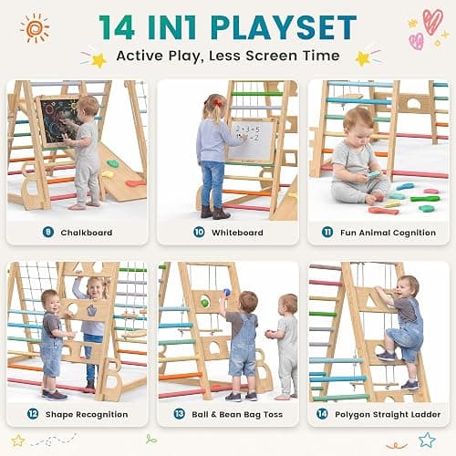 BlueWood Upgraded Indoor Jungle Gym 14-in-1 Playground Kids Climbing Toys | Waldorf Style Wooden Climber Playset with Slide, Swing, Monkey Bars, Upright/Rope Ladder, Climb Net, Colorful thumbnail 5