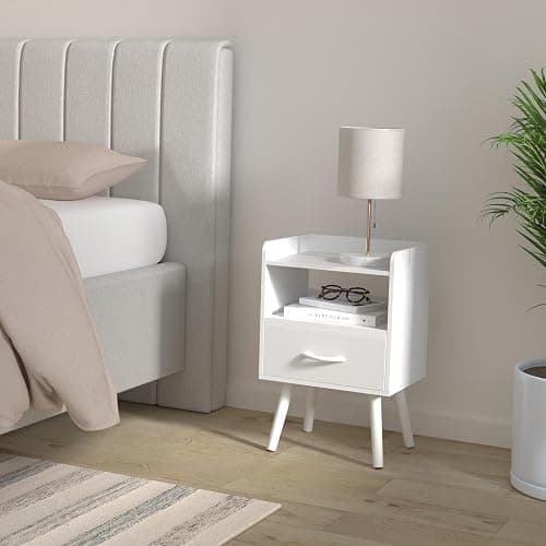 Yoobure Modern Nightstand with Drawer, Bedside Tables, Mid Century Nightstands with Open Storage Shelf, Wood Bedside Table, Small Night Stands for Bedrooms, 2-Tier Night Table thumbnail 2