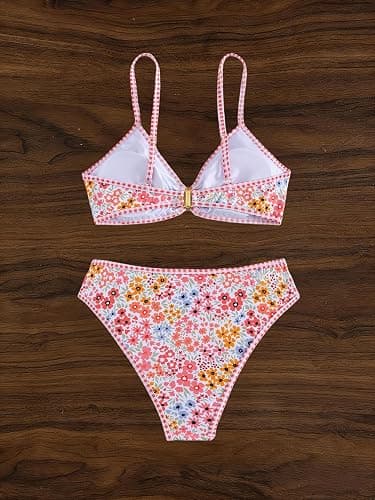 Tainehs Women's Two Piece Bikini Sets O Ring Front Top Ditsy Floral Triangle Swimsuits Cheeky Bathing Suit thumbnail 5
