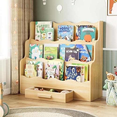 FIKSG 3-Tier Montessori Scalloped Kids Bookshelf with Drawer | 29.6" Wide Natural Wood Forward Facing Bookcase for Toddlers, Children's Book Display and Organizer for Playroom,Nursery - Image 1