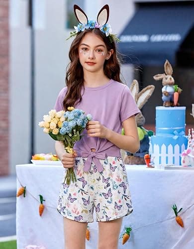 Arshiner Girls 2 Piece Outfits Summer Clothes Short Sleeve Tops and Paperbag Waist Shorts Set Cute Outfits 5-14 thumbnail 3