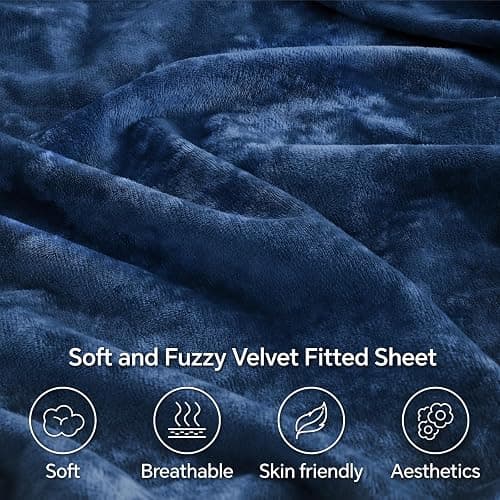 BEDELITE Velvet Fitted Sheet and Pillowcases Set, Luxury Soft Fuzzy Bottom Sheet with Reinforced Elastic Corner Straps, Deep Pocket up to 15 Inch, 1 Fitted Sheet and 2 Pillowcases (Full, Navy Blue) thumbnail 4