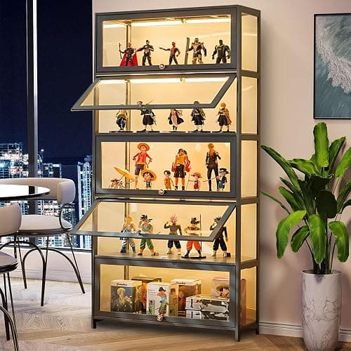 Display Cabinet with Acrylic Glass Doors, 5-Tier Transparent Bamboo Curio Display Case for Figures, Display Shelves for Collectibles & Kids Bookcase for Home, Office, Playroom, Living Room - Grey-flip Door thumbnail 8