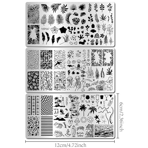 Arbuya Tropical & Ocean Nail Stamping Plates Set of 3 - Palm Leaves,Starfish, Coral, Stripes & Summer Drinks Design Template for Beach Nail Art DIY Print Manicure Salon Design Supplies Tool thumbnail 3
