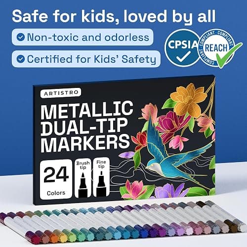 ARTISTRO 24 Metallic Dual-Tip Acrylic Paint Marker Pens for Drawing | For Fabric, Rock, Glass, Wood, Arts & Crafts Gift for Adults, Teens & Kids, Pumpkin Decorating Kit & Halloween Crafts thumbnail 7