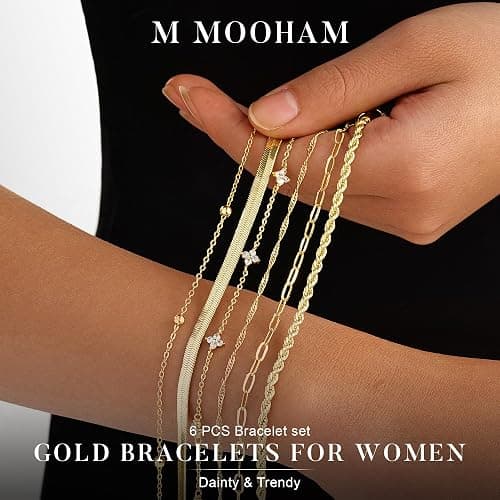 M MOOHAM Gold Bracelets Set for Women No Tarnish | 14K Gold Plated, Dainty Stackable Bracelets Stack for Women, Herringbone Paperclip Rope Cuban Chain Bracelet Set Stack thumbnail 6