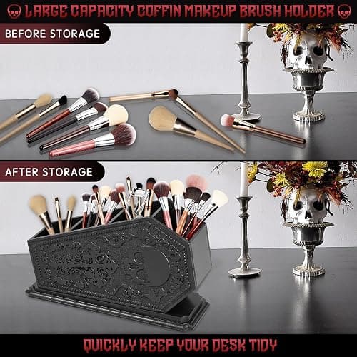 Gothic Coffin Decor Makeup Brush Holder,Spooky Witchy Gifts for Women,Skull Cosmetic Display Cases,Goth Decor Pen Holder, Vanity, Desk, Office Organizer for Christmas Bedroom Bathroom (Black) thumbnail 5