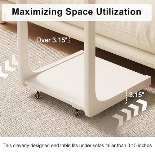 AQIMUELE Wooden C-Shaped End Table,Couch Table with Adjustable Desktop,Small Rolling Side Table with 2 Lockable Wheels 23.36" Width,Small End Table for Couch, Living Room,Bedroom (White) - 15.6"D x 23.6"W x 24.8"H - Modern 2 Tier - White thumbnail 6