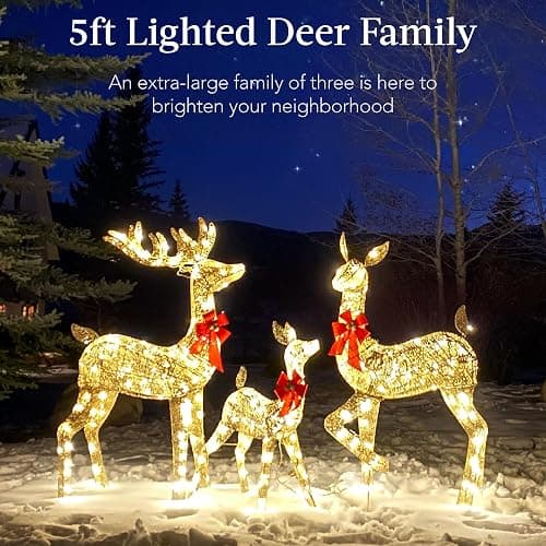 Best Choice Products 3-Piece Large Lighted Christmas Deer Family Set 5Ft Outdoor Yard Decoration with 360 LED Lights, Stakes, Zip Ties - Gold thumbnail 3