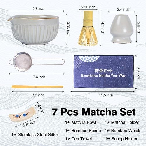Matcha Whisk Set, Japanese Tea Ceremony Kit, 18oz Spout Bowl, Bamboo Whisk Scoop, Ceramic Holder Sifter Towel,7 pcs Matcha Tea Kit for Matcha Lovers, Christmas, Birthday Gift(White) thumbnail 3