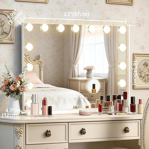 Ratsamee Hollywood Vanity Mirror with Lights, 23" x 18", 15 Dimmable Bulbs, 3 Color Lights, Make Up Lighted Mirror, USB Charging Port, Gifts for Women Wife Teengirls White thumbnail 6