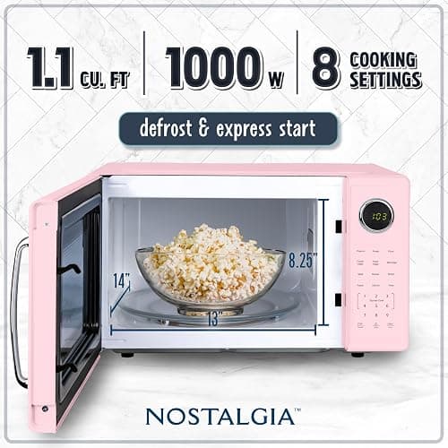 Nostalgia Retro 1000W Microwave Oven 1.1 Cu Ft Capacity – Child Safety Lock, 8 Auto-Cook Settings – Countertop Kitchen Appliance – Pink thumbnail 4