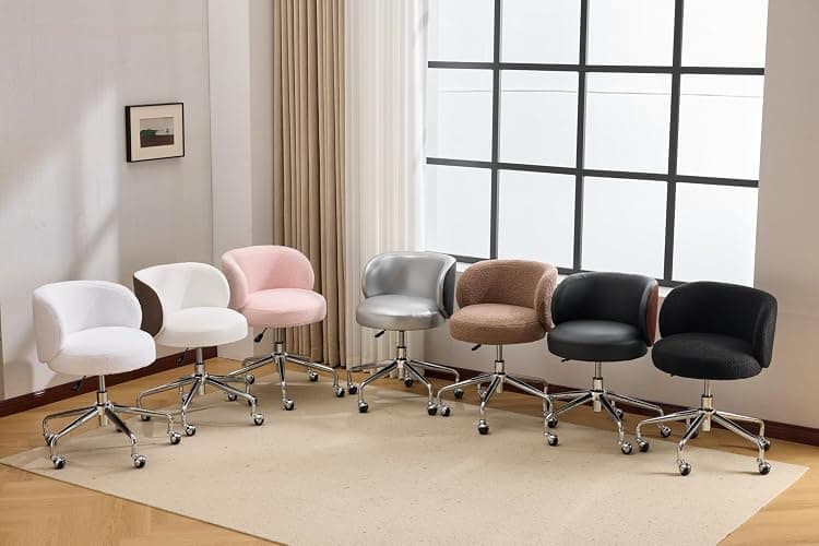 VINGLI Cute Small Swivel Desk Chair Comfy with Wheels,Ergonomic Low-Back Lumbar Support Vanity Nail Tech Rolling Task Stool Girls Women Kids Chair for Home Office,Height Adjustable,Teddy Fleece,White thumbnail 2