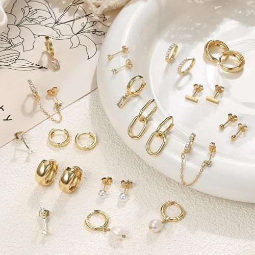 Finrezio 13 Pairs Small Gold Hoop Earrings Set for Women 14K Gold Plated Lightweight Huggie Hoops Hypoallergenic Pearl Dainty Stud Hoop Earrings for Gift, Gold thumbnail 6