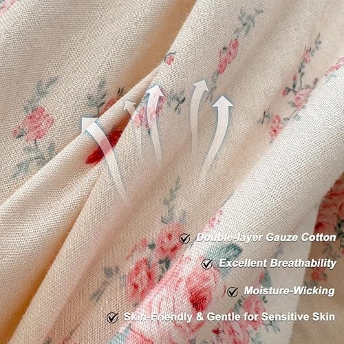 VM VOUGEMARKET Pink Rose Flower Duvet Cover Set Queen Romantic Lace Ruffled Bedding Set Soft Muslin Cotton,Breathable Linen Like Gauze Comforter Cover with Zipper Closure 90"x90" thumbnail 3