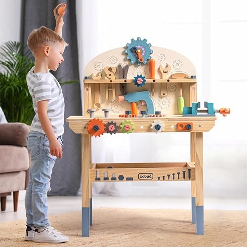 ROBUD Large Wooden Play Tool Workbench Set for Kids Toddlers, Construction Workshop Tool Bench Toys Gift, Multicolor thumbnail 2