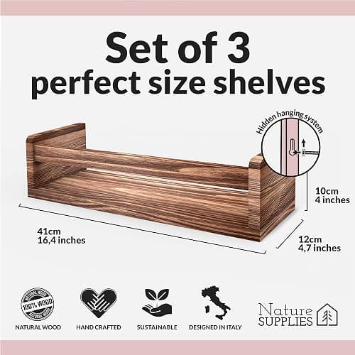 NATURE SUPPLIES Set of 3, 16.4". Nursery Book Shelves, Solid Wood for Books, Toys, Decor, Wall Bookshelf for Kids Bedroom, Floating Shelf, Stylish and Functional Storage Solution, Brown thumbnail 2
