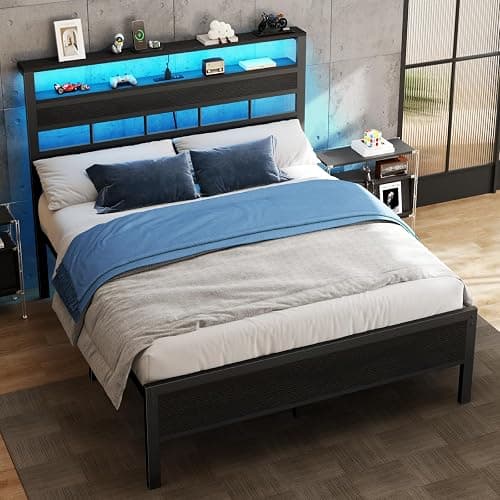 Furnulem Full Size Bed Frame with LED Light and Charging Station, Wood Storage Headboard with 2-Tier Shelves, Metal Platform Bed with Heavy Duty Slats Support, No Box Spring Needed, Black Oak thumbnail 3
