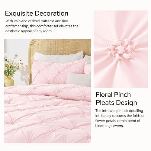BEDELITE Baby Pink Queen Comforter Set - 3 Pieces Boho Pintuck Bedding Comforter Sets, Lightweight Soft & Warm Bed Comforter Queen with 2 Pillowcases for All Season thumbnail 4