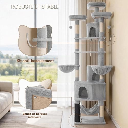 Fobyfurny Arbre à Chat XXL, 220 cm, avec Grande Grotte, Gris Clair | 3 Perchoirs, 8 Griffoirs, Hamac, Panier, Poteau de Toilettage, Corde Épaisse en Sisal Usage Intérieur FPMS011FG1 thumbnail 8