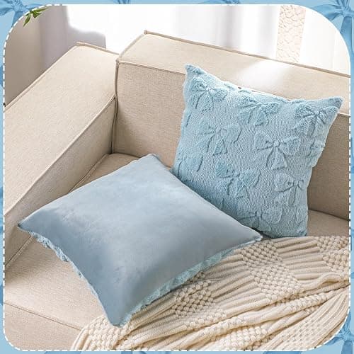 Mixweer Blue Bow Pillow Covers Set of 2 Preppy Room Decor Coquette Cute Spring Summer Decorative Faux Fur Soft Bowknot Stuff Fluffy Plush Aesthetic Pillowcase for Bed Sofa Couch (18 x 18 Inch) thumbnail 6