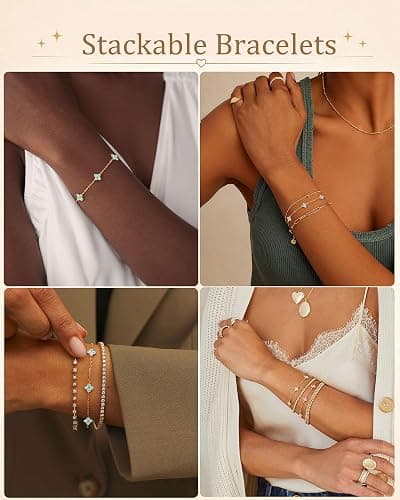SOLEVAN Clover Birthstone Gold Bracelets for Women Trendy Non Tarnish | Dainty 14K Gold Plated Stackable Cute Charm Friendship Bracelet Stack Wedding Prom Gold Jewelry Birthday Gift for Best Friend thumbnail 5