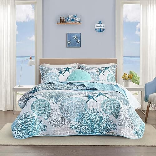 Tritard 3 Piece Coastal Quilt Sets Full/Queen Size - Reversible Microfiber Quilts with 2 Shams Soft Lightweight Beach Bedding Nautical Bedspread Coverlet Summer Comforter for All Season, 90''x96'', C1 - Image 1