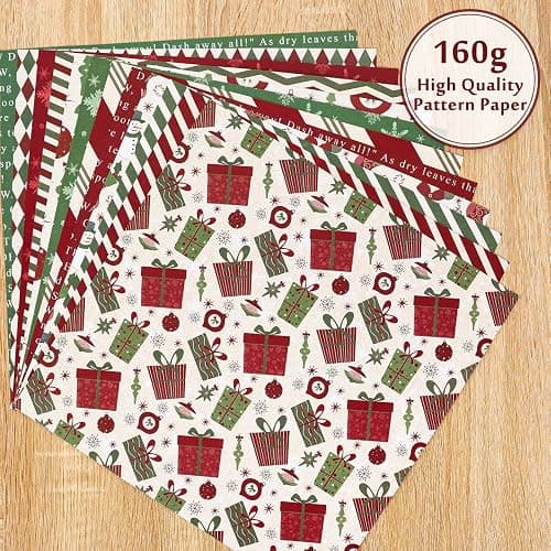 Whaline 24 Pack Christmas Pattern Paper 30x30cm Red Green Textured Scrapbook Paper Double-Sided Xmas Craft Papers Folded Flat for DIY Background Card Making Scrapbook Photo Album Decor, 12 Designs thumbnail 6