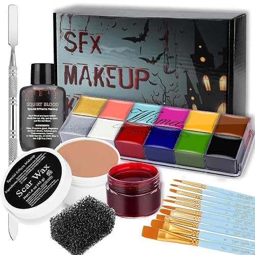 Wismee SFX Makeup Kit Professional Face Body Paint Halloween Special Effects Makeup Set with Scar Wax,10 Face Paint Brushes,Spatula Tool,2 Fake Scab Blood,Stipple Sponge Oil Based Face Painting Kit - Image 1