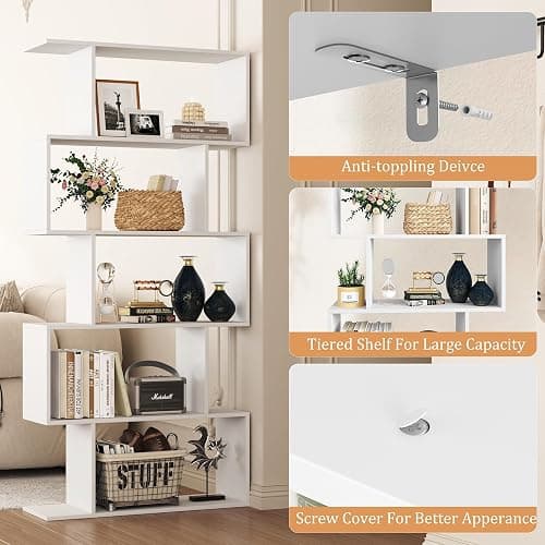 Yusong Bookshelf 5-Tier, Geometric Bookcase S Shaped Book Shelves for Bedroom, Modern Wood Decorative Display Shelf Book Case for Home Office, White thumbnail 4