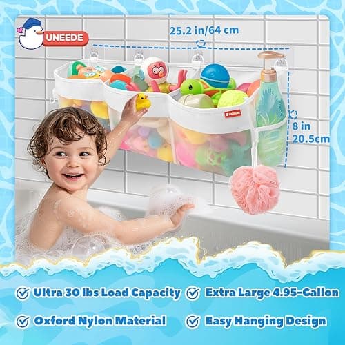 UNEEDE 4.95 Gallons 3 Compartment Horizontal Bath Toy Storage | Extra Large Capacity,Mesh Quick Dry Bathtub Storage and Organizer,Easy Access Baby Bath Toy Holder Shower Caddy thumbnail 2