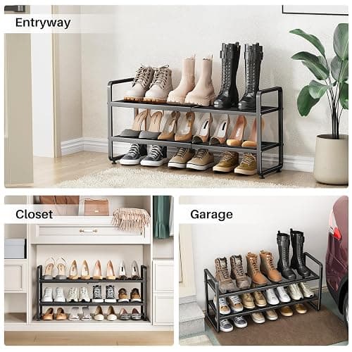 SNTD Shoe Rack - Expandable Shoe Organizer for Closet, Adjustable Metal Shoe Shelf Storage, Stackable Long Shoe Stand Holder for Garage, Entryway, Door Entrance (Black, 2-Tier) thumbnail 8