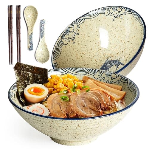 Ramen Schüssel Set 2 x 1200ml Keramik Ramen Bowl mit Essstäbchen und Löffeln,Japanisches Stil Porzellan Geschirr Suppenschüssel Groß Salatschüssel Pho Bowl,Mikrowelle & Spülmaschinenfest,Fisch - Image 1