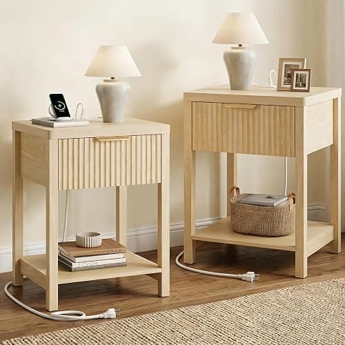 Night Stand Set 2, Fluted Wood Nightstands w/Charging Station for Bedroom | Natural, Storage Drawer, Open Shelf, Metal Silent Rails, Round Corners, Modern Fluted Panel, Living Room, Bedside Table - Image 1