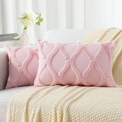 decorUhome Spring Throw Pillow Covers 12x20 Inch Set of 2, Soft Plush Faux Fur Wool Lumbar Light Pink Couch Pillow Covers, Decorative Neutral Pillow Cases for Bed Sofa Living Room Valentines Decor - Image 1