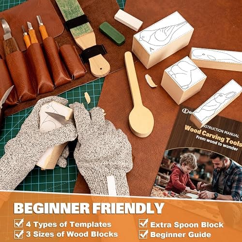 Wood Carving Kit, 32Pcs Wood Carving Tools with Storage Bag, Wood Whittling Knife Kit with 4pcs Templates & 11pcs Wood Carving Knives for Wood DIY Beginners thumbnail 3