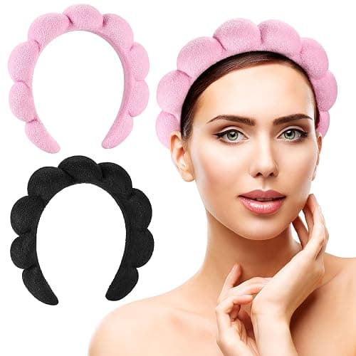 Ztomine Spa Headbands for Washing Face or Facial, Set of 2 Skincare Headbands, Terry Cloth Headband Wash Combo Pack - Puffy Makeup Washing, Mask, Skin Treatment (Black & Pink) thumbnail 8