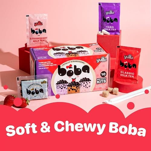 Boba Bundle Kit 10 Serv. Instant Bubble Pearl Variety Milk Tea Kit with Authentic Brown Sugar Tapioca Pearls by Yulu Foods - Ready in Under 1 Minute, Includes Paper Straws - Gift Box, Holiday (Classic, Taro and Strawberry) thumbnail 3