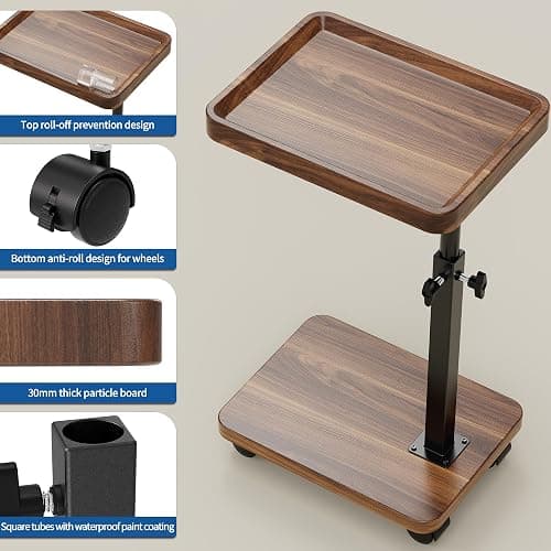 SJIE C Table End Table Adjustable Height, 360°Swivel TV Tray Table for Small Spaces, Side Tables with Wheels for Living Room and Bedroom, Bed (Walnut) thumbnail 6