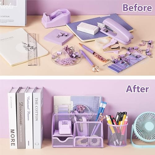 15 Pcs Purple Office Supplies Set Mesh Desk Organizer Accessories Kit Include Stapler Tape Dispenser Staple Remover Clips Ruler Scissors Sticky Notes for Office School Home Women (Purple) thumbnail 6