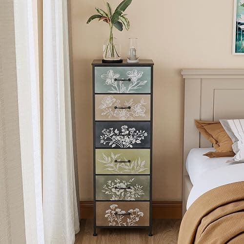 Tohomeor Vintage Dresser Vertical Nightstand with Neutral Botanical Plant Fabric Chest Drawers for Closet Bathroom Storage Tower Unit Bed Side Organizer Farmhouse Rustic (Multi, 6 Drawers) thumbnail 4