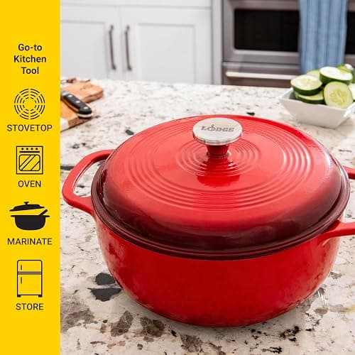 Lodge 6 Quart Enameled Cast Iron Dutch Oven with Lid – Dual Handles – Oven Safe up to 500° F or on Stovetop - Use to Marinate, Cook, Bake, Refrigerate and Serve – Island Spice Red thumbnail 5