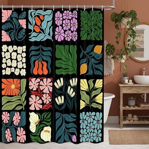 JAWO Retro Shower Curtain Vintage Abstract Cute Boho Floral Shower Curtains for Bathroom Decor Black Blue Botanical Geometric Groovy Aesthetic Pattern Shower Curtain Sets with Hooks, 70X70IN thumbnail 2