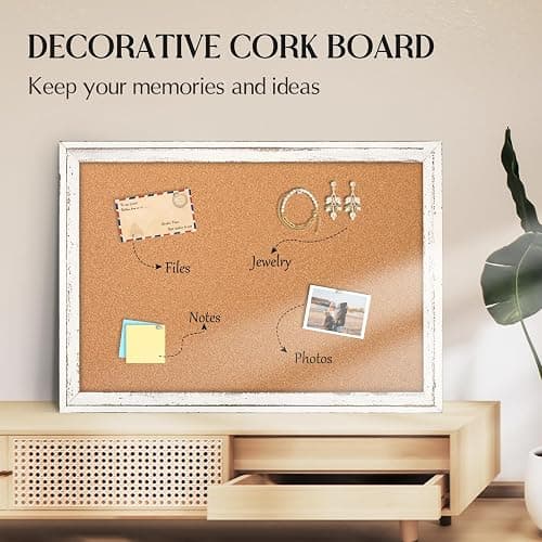 QUEENLINK Cork Board Bulletin Board, 30" x 20" Rustic White Wooden Frame Corkboard for Wall, Hanging Vision Board, Pin Board for Home Room Dorm Office Decor thumbnail 6